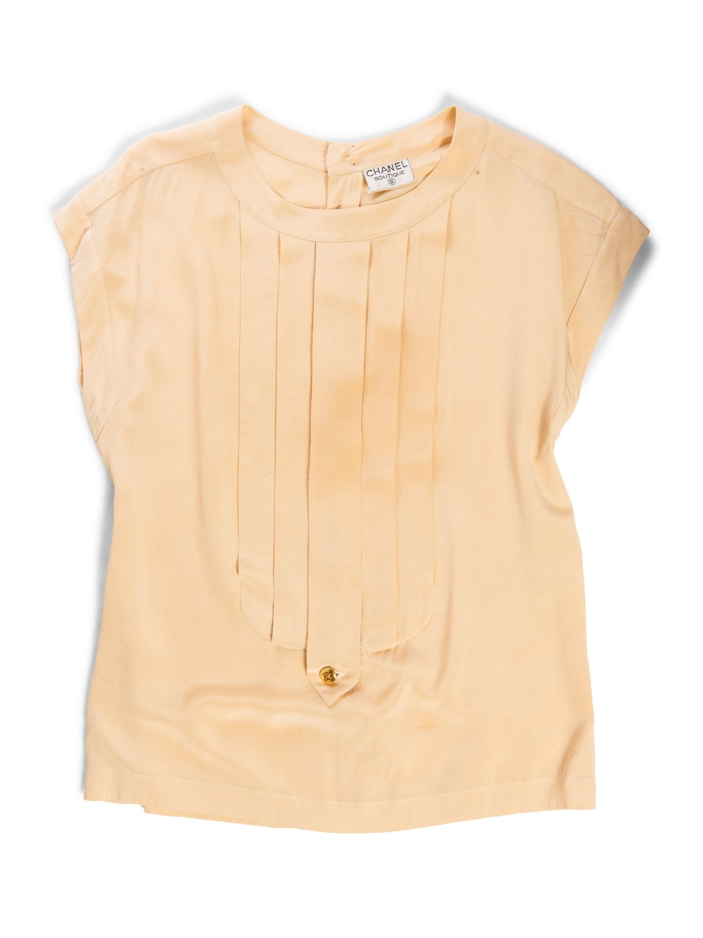 Chanel Vintage CC Logo Pleated Slik Blouse Beige Gold