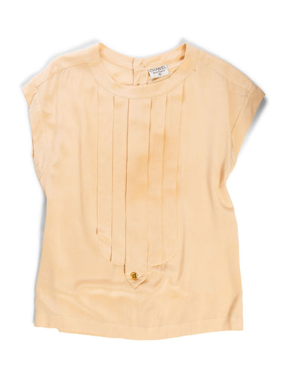 Chanel Vintage CC Logo Pleated Slik Blouse Beige Gold