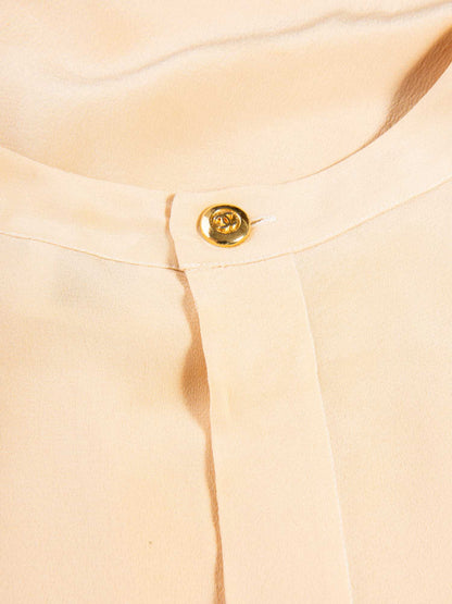 Chanel Vintage CC Logo Pleated Slik Blouse Beige Gold