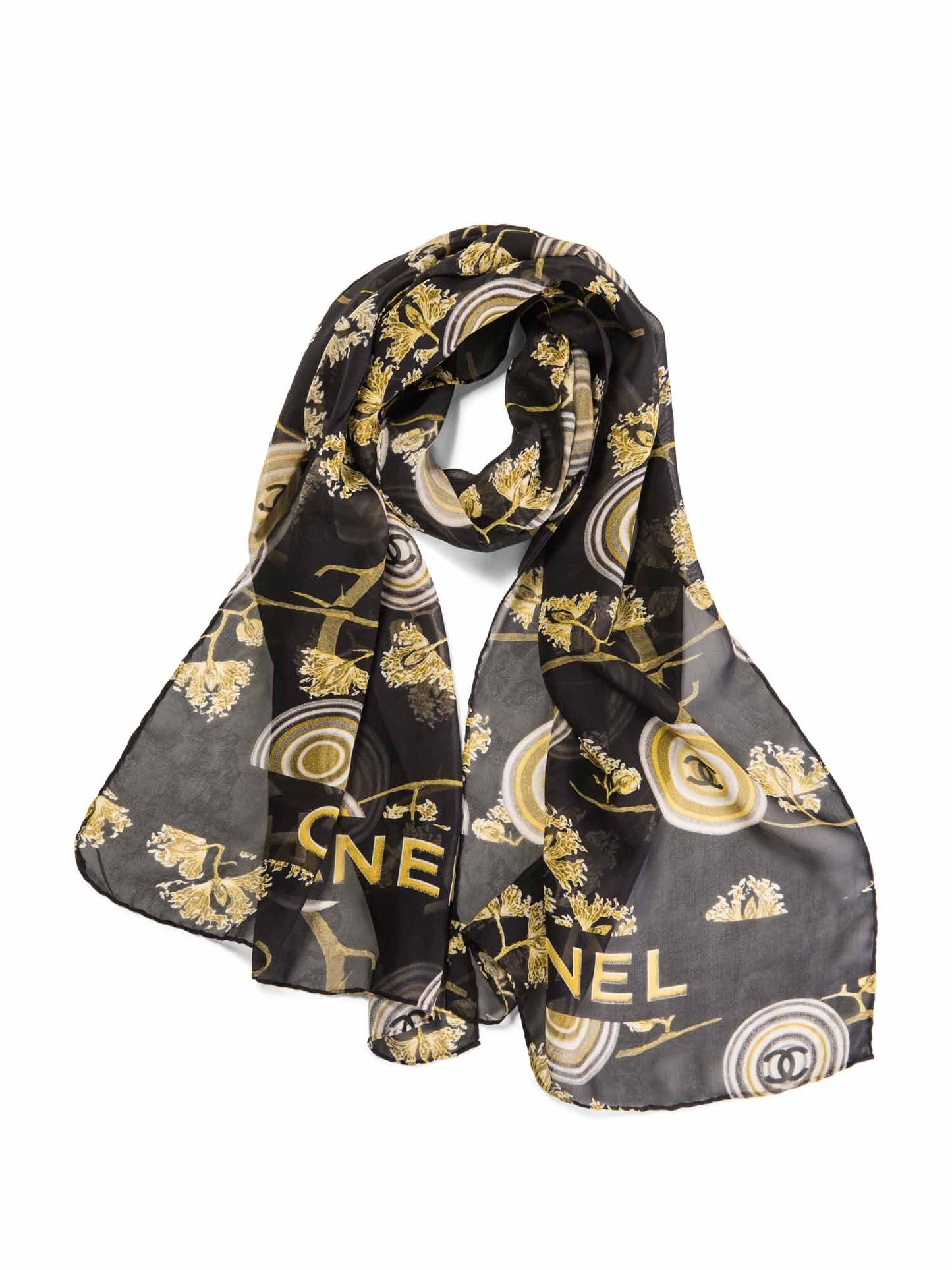 Chanel Vintage CC Logo Silk Medallion Scarf Black Gold