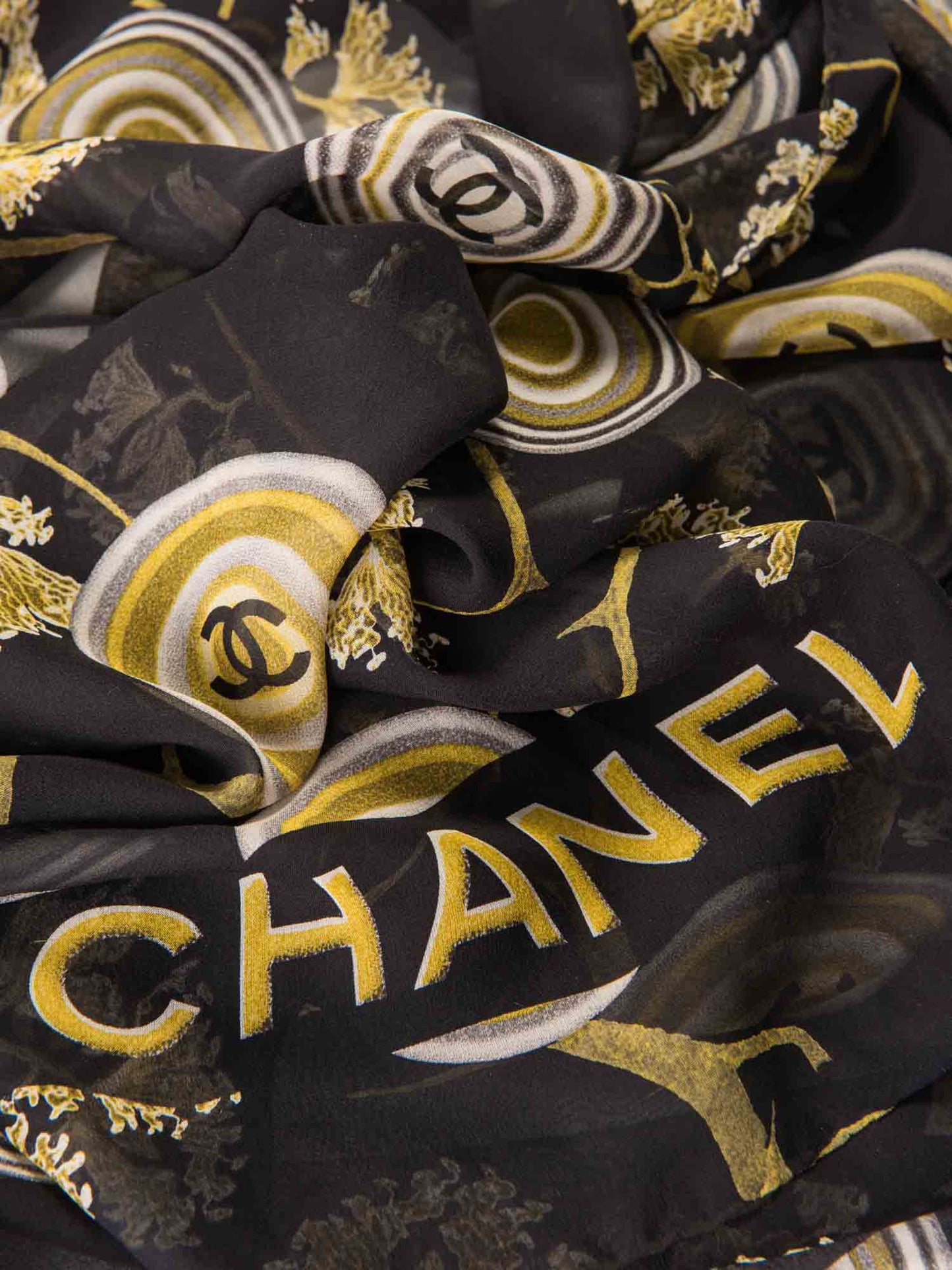 Chanel Vintage CC Logo Silk Medallion Scarf Black Gold