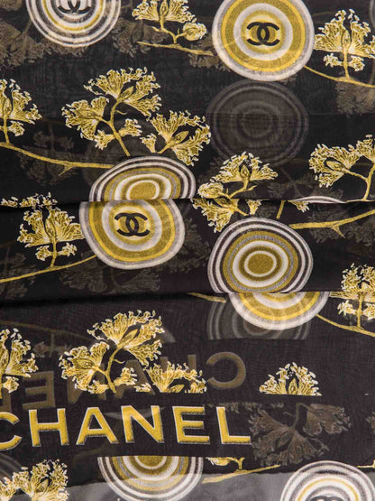 Chanel Vintage CC Logo Silk Medallion Scarf Black Gold