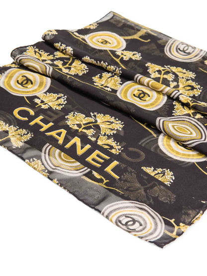 Chanel Vintage CC Logo Silk Medallion Scarf Black Gold