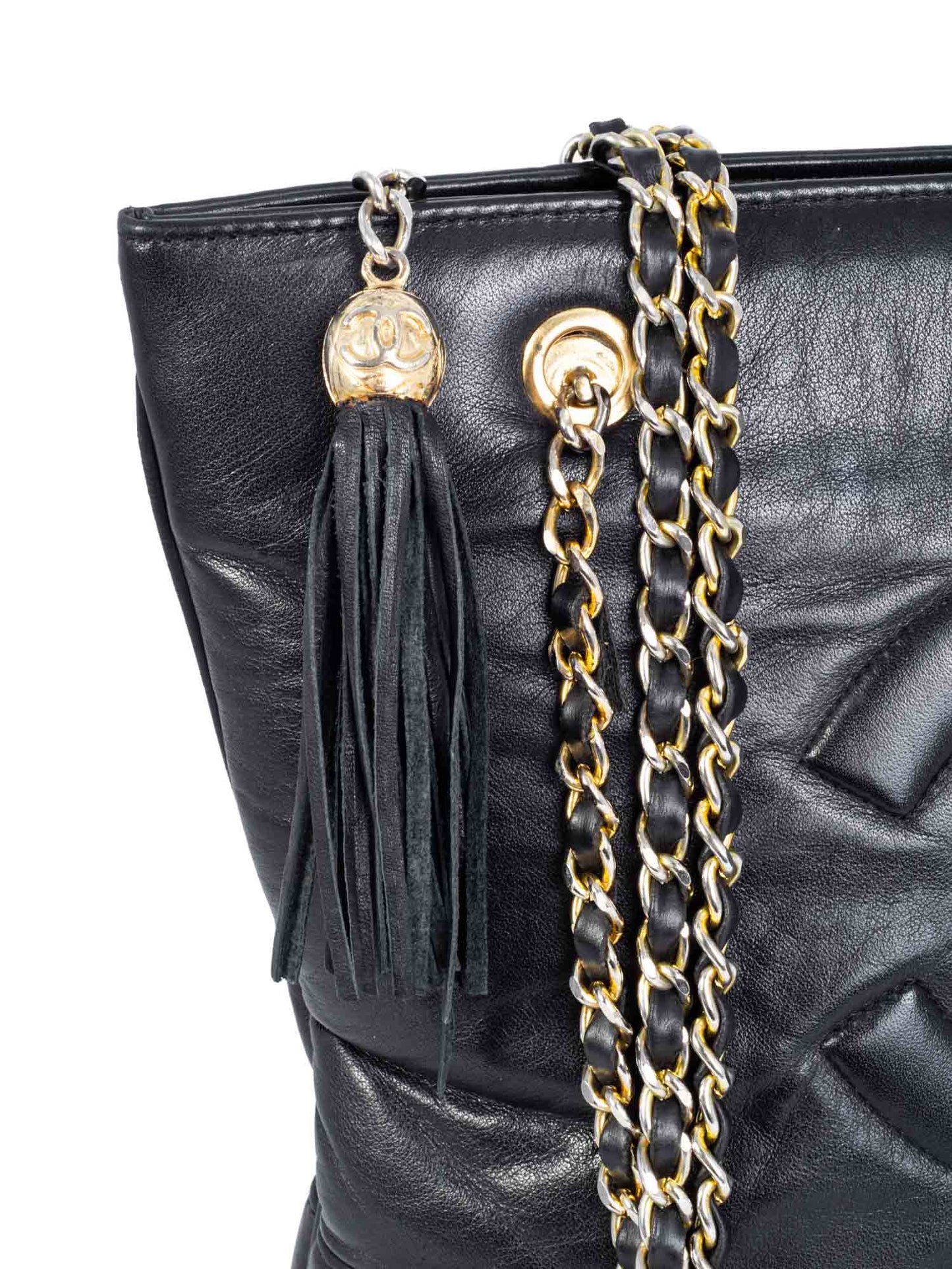Chanel Vintage CC Quilted Leather Tassel Shopper Bag Black