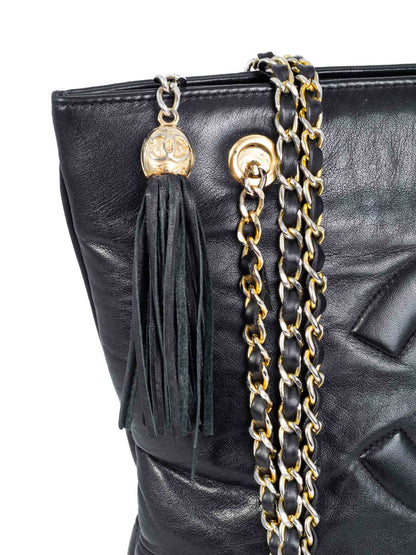 Chanel Vintage CC Quilted Leather Tassel Shopper Bag Black