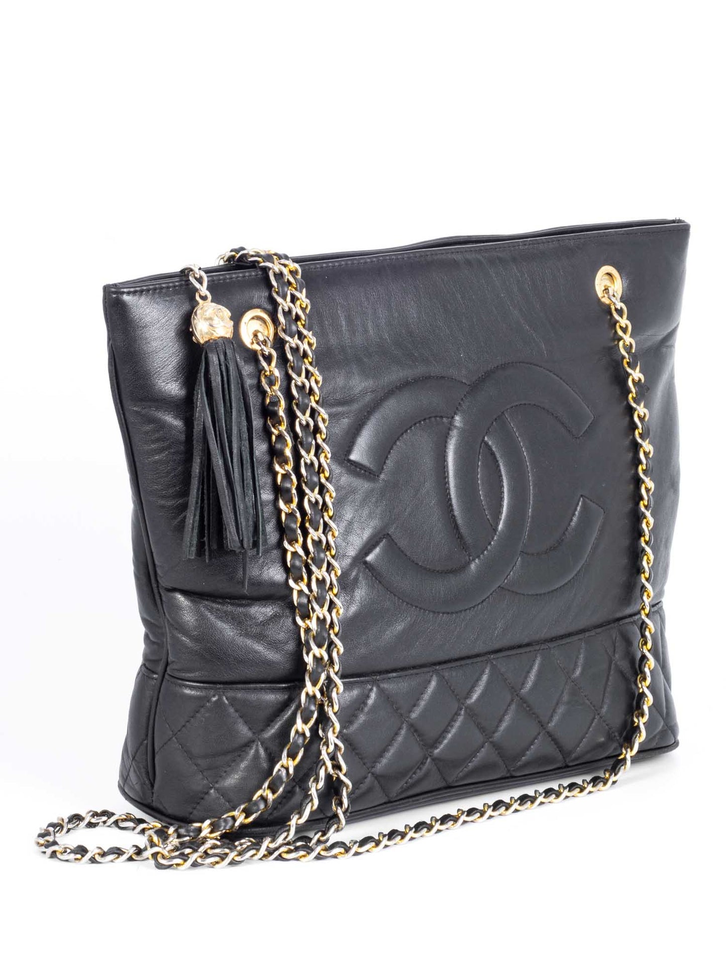 Chanel Vintage CC Quilted Leather Tassel Shopper Bag Black