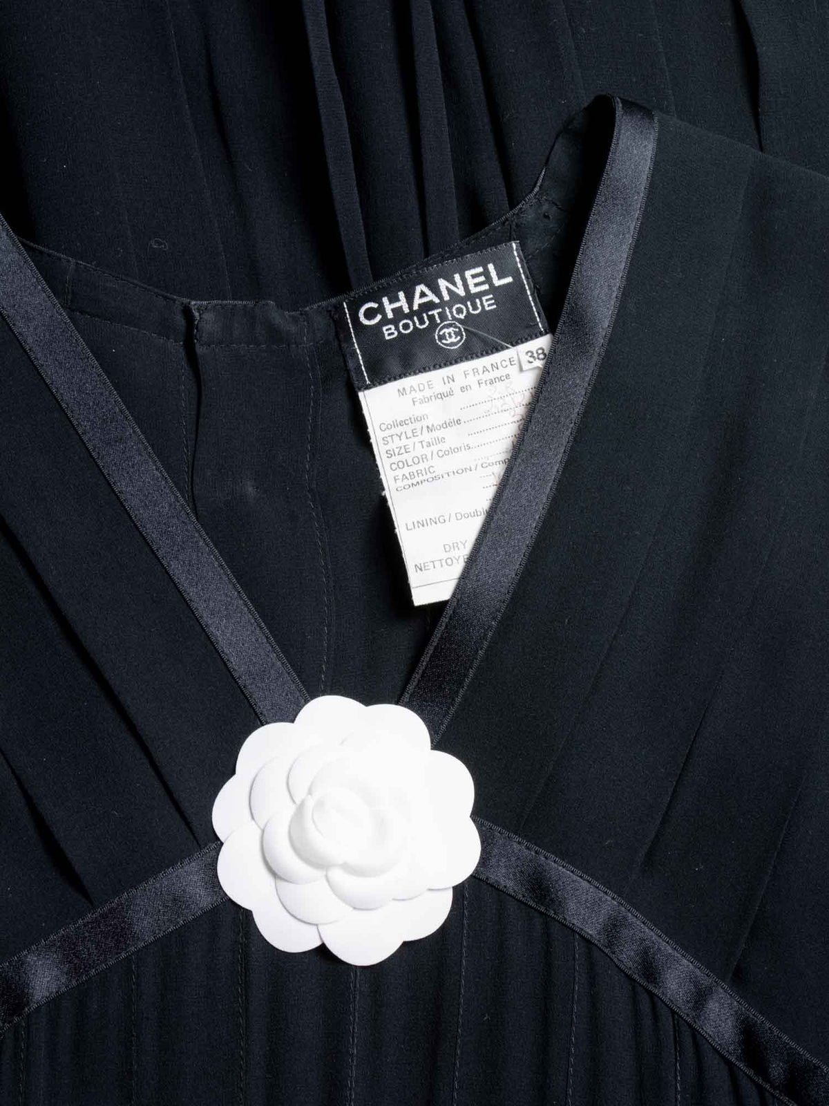 Chanel Vintage Camellia Silk Maxi Pleated Dress Black