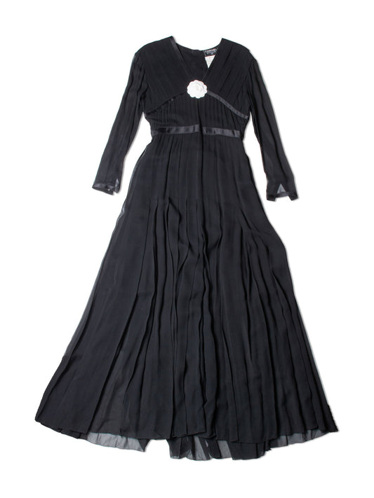 CHANEL Vintage Camellia Silk Maxi Pleated Dress Black-designer resale