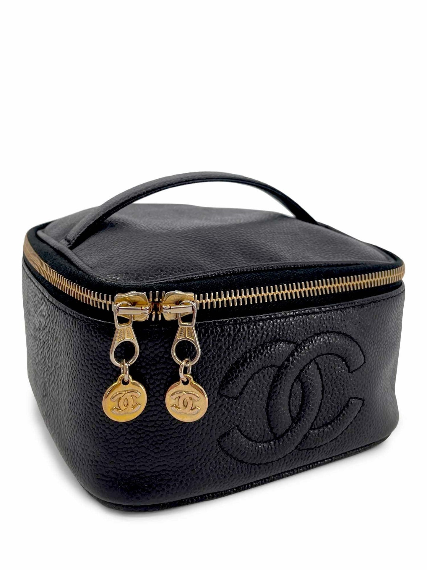 Chanel Vintage Caviar Leather k CC Logo Vanity Top Handle Bag Black