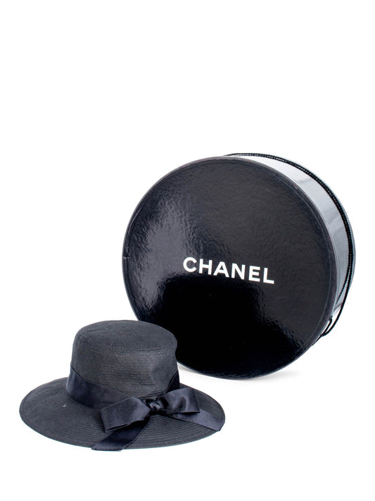 Chanel Vintage Cotton Satin Bow Fedora Hat Black