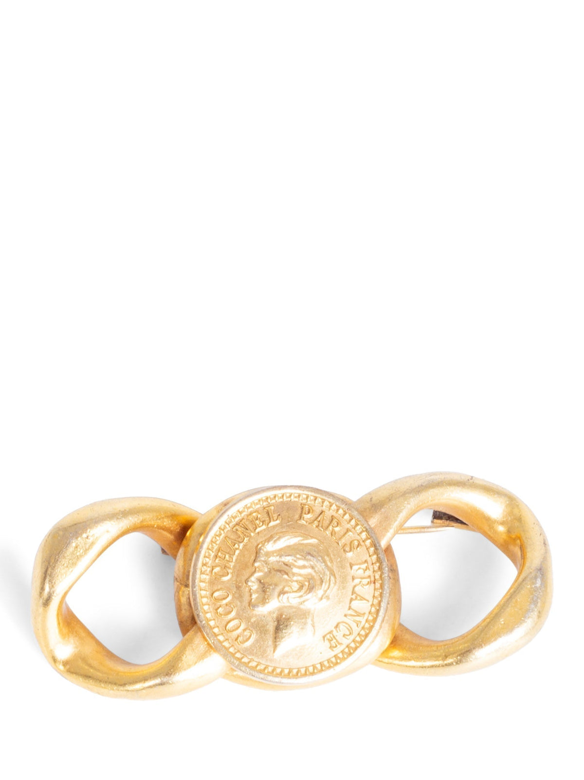 Chanel Vintage Logo Chain Loop Medallion Brooch Pin Gold