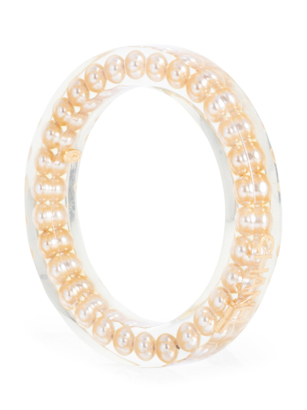Chanel Vintage Logo Pearl Bangle Bracelet Gold