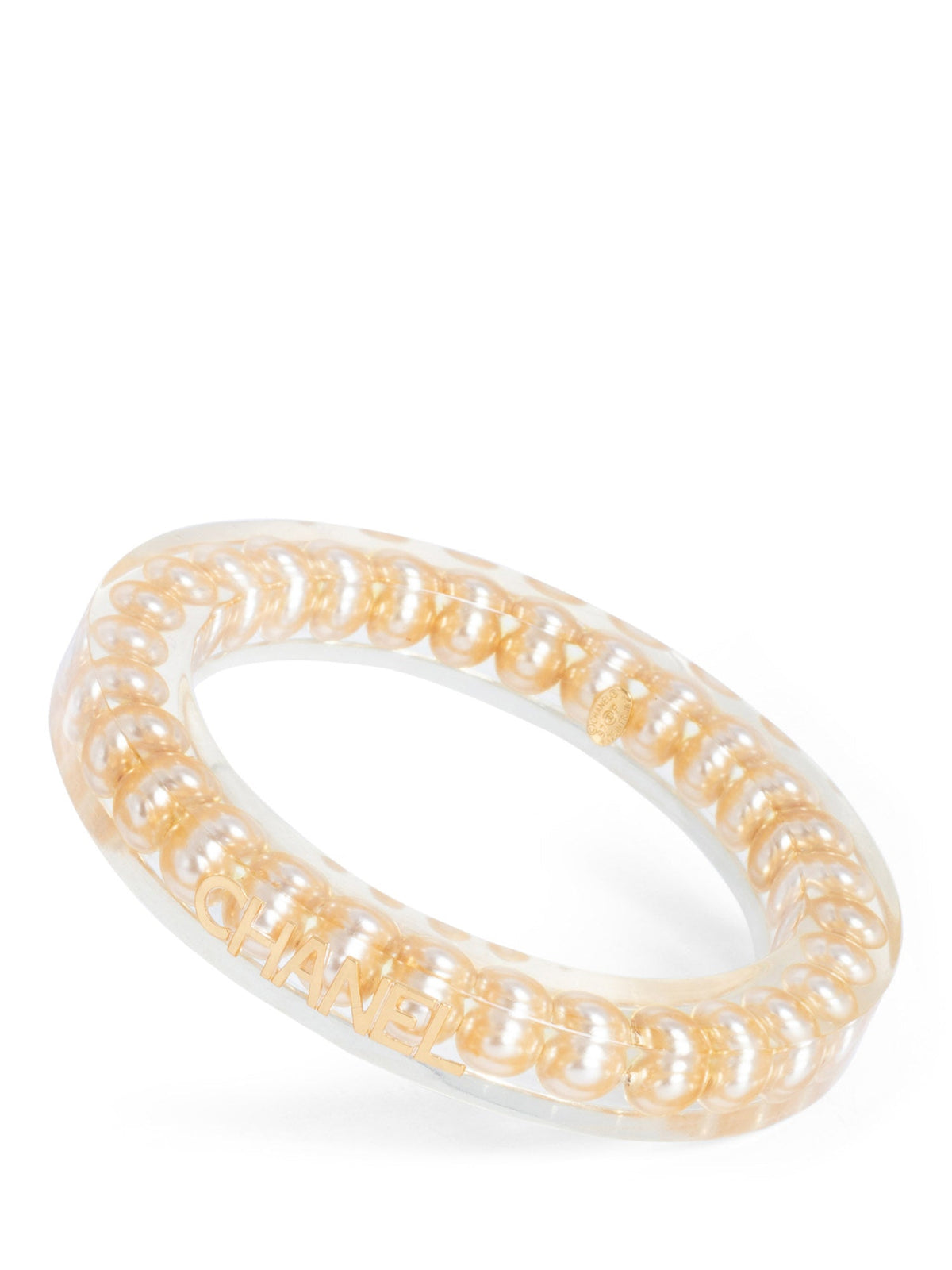 Chanel Vintage Logo Pearl Bangle Bracelet Gold
