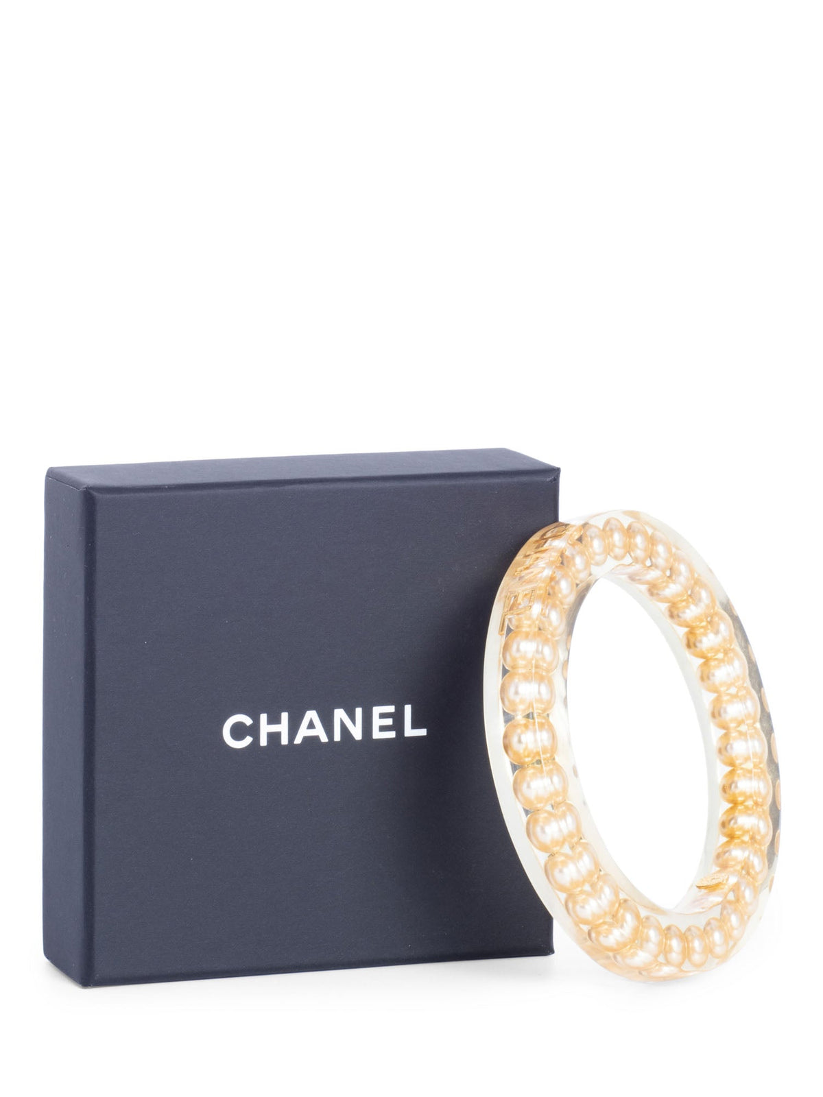 Chanel Vintage Logo Pearl Bangle Bracelet Gold