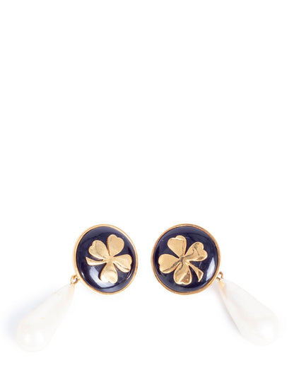 Chanel Vintage Lucky Clover Pearl Clip On Earrings Gold
