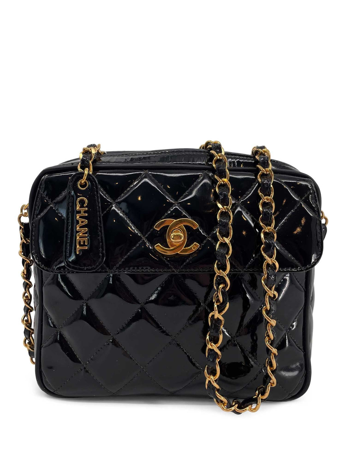Chanel Vintage  Patent Leather k Gold CC Logo Camera Bag Black