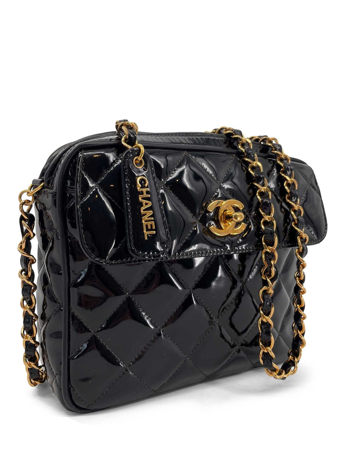 Chanel Vintage  Patent Leather k Gold CC Logo Camera Bag Black