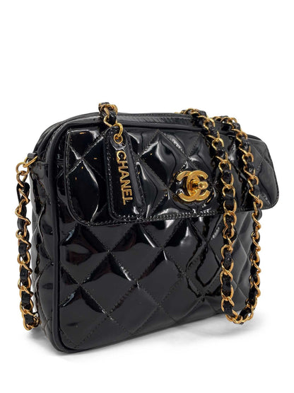 Chanel Vintage  Patent Leather k Gold CC Logo Camera Bag Black