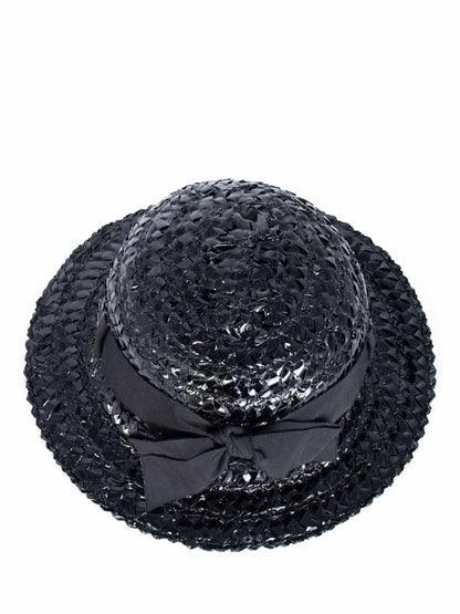 Chanel Vintage Woven Raffia Fedora Hat Ribbon Hat Black