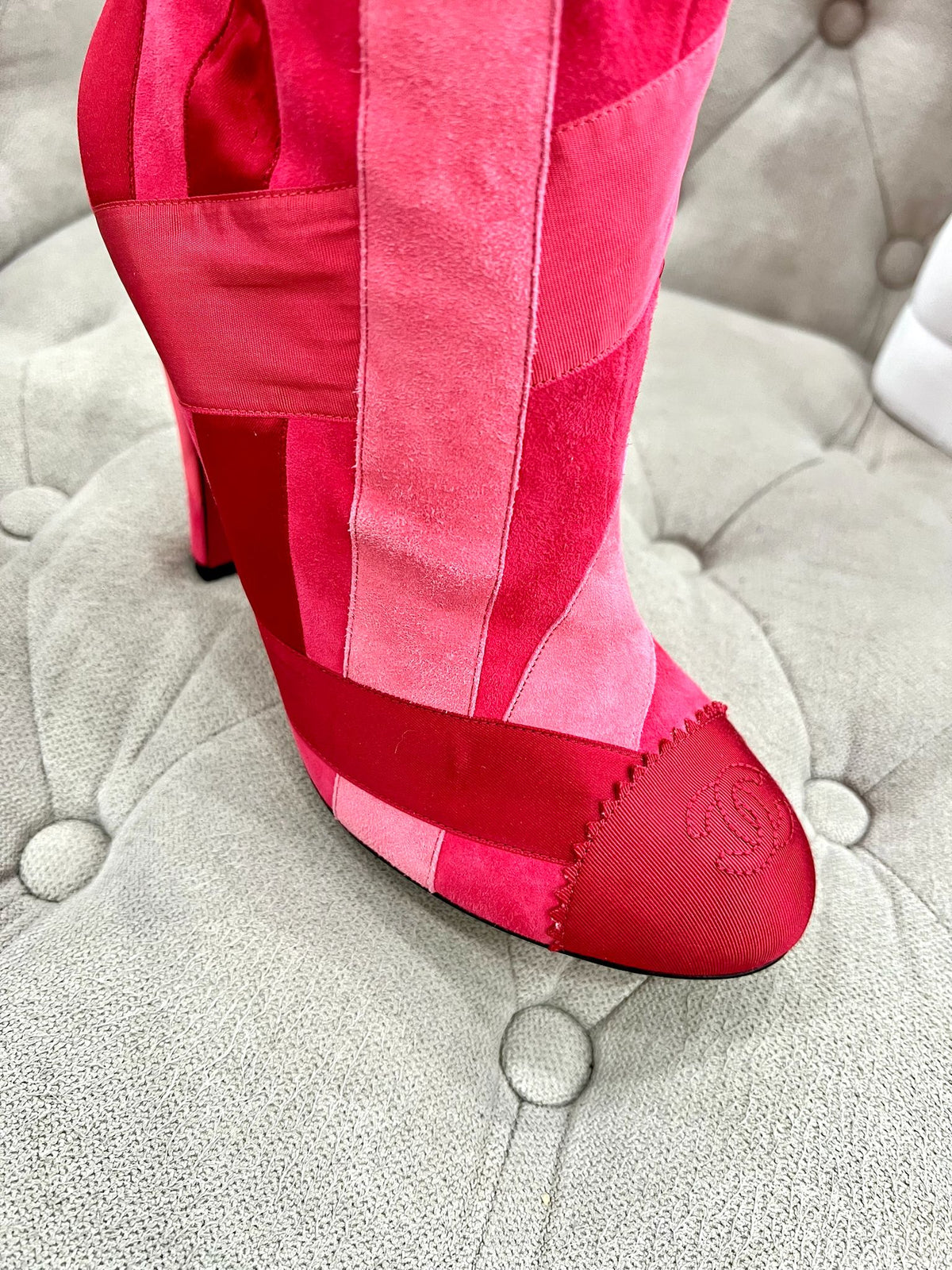 CHANEL PINK SUEDE BOOTS