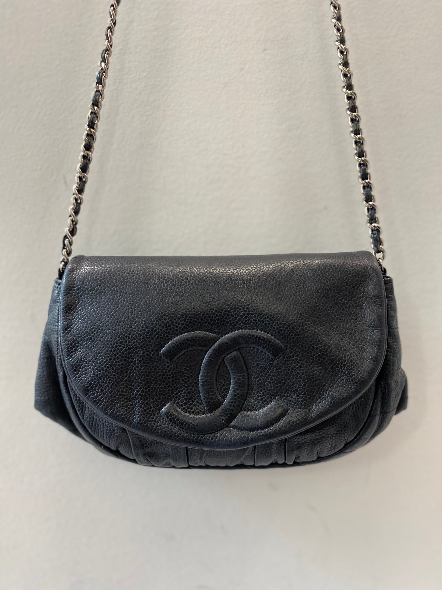 CHANEL CAVIAR LEATHER HALF MOON WALLET ON A CHAIN