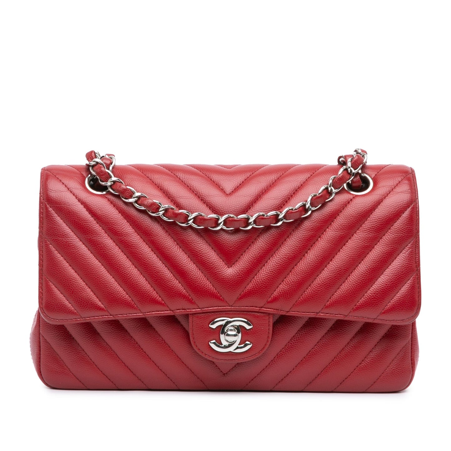 Red Chanel Medium Classic Chevron Caviar Double Flap Shoulder Bag