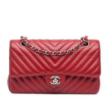 Red Chanel Medium Classic Chevron Caviar Double Flap Shoulder Bag
