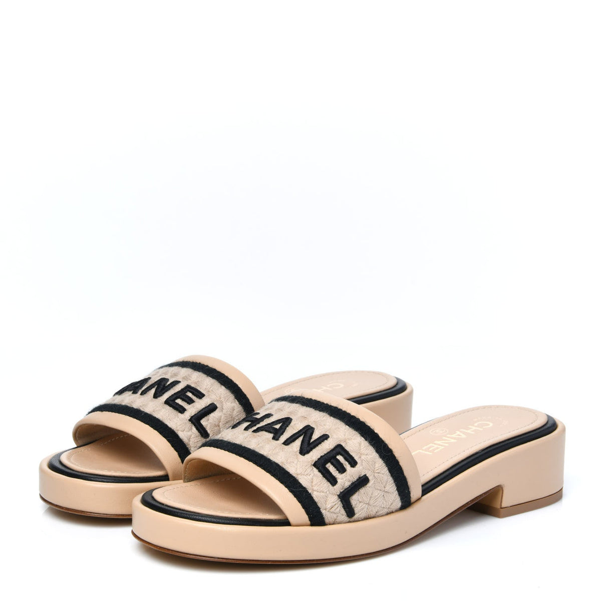 CHANEL LAMBSKIN LEATHER EMBROIDERED LOGO MULES