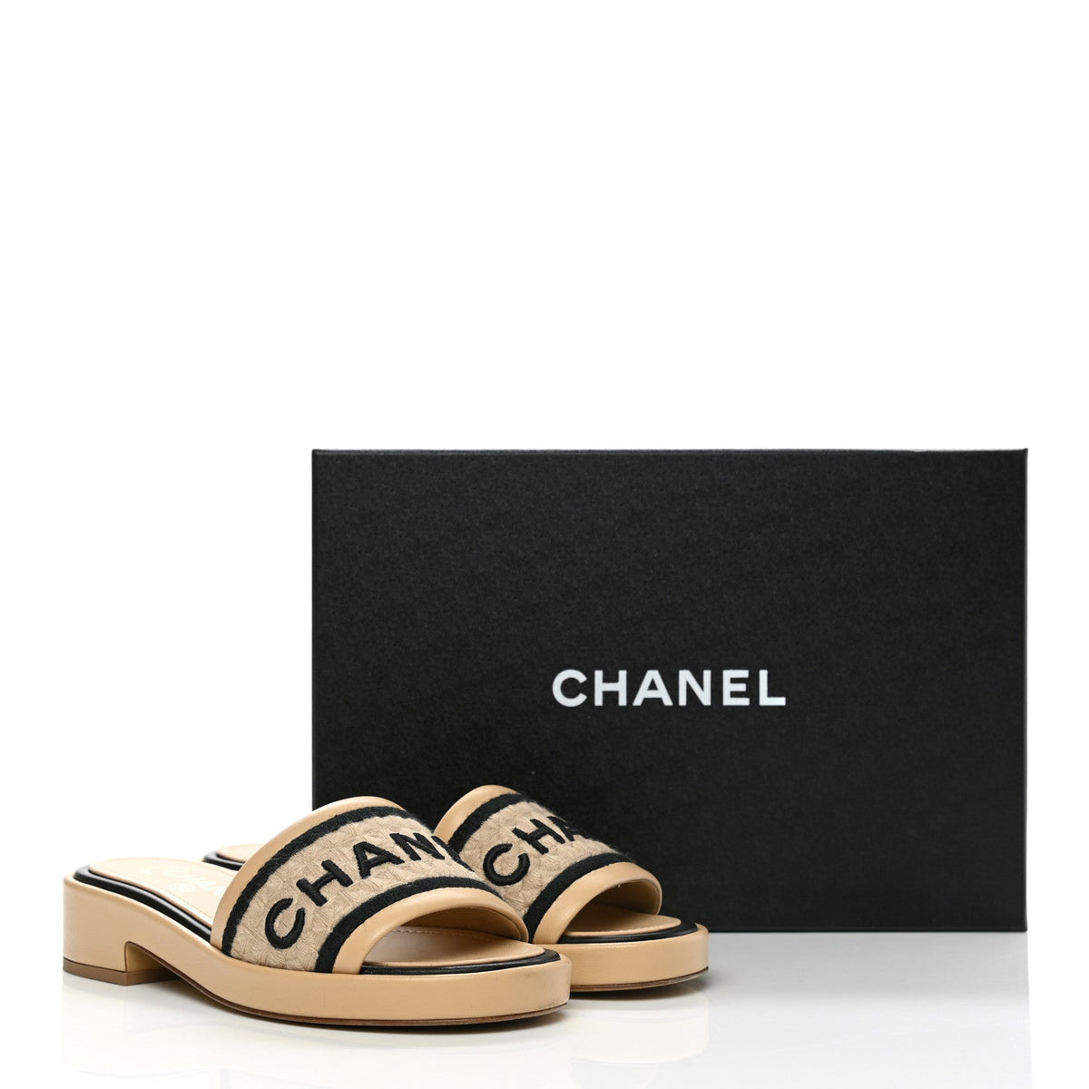 CHANEL LAMBSKIN LEATHER EMBROIDERED LOGO MULES
