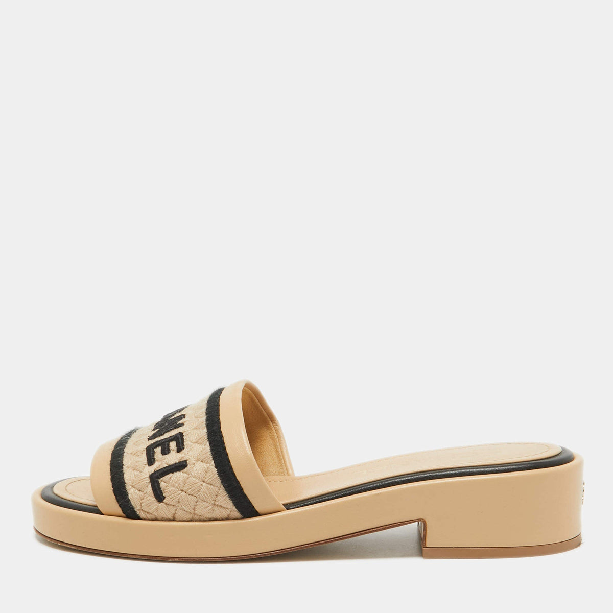 CHANEL LAMBSKIN LEATHER EMBROIDERED LOGO MULES