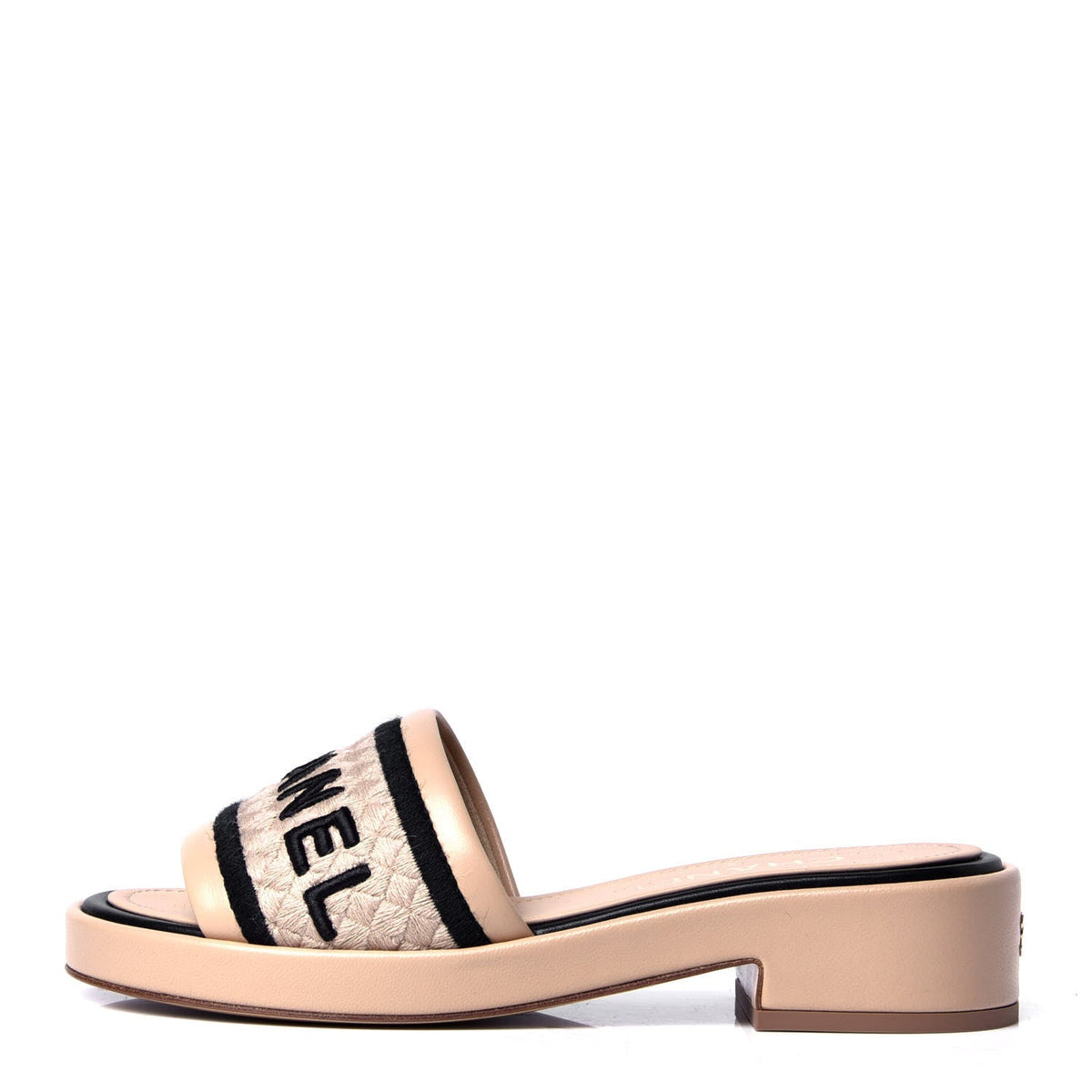 CHANEL LAMBSKIN LEATHER EMBROIDERED LOGO MULES