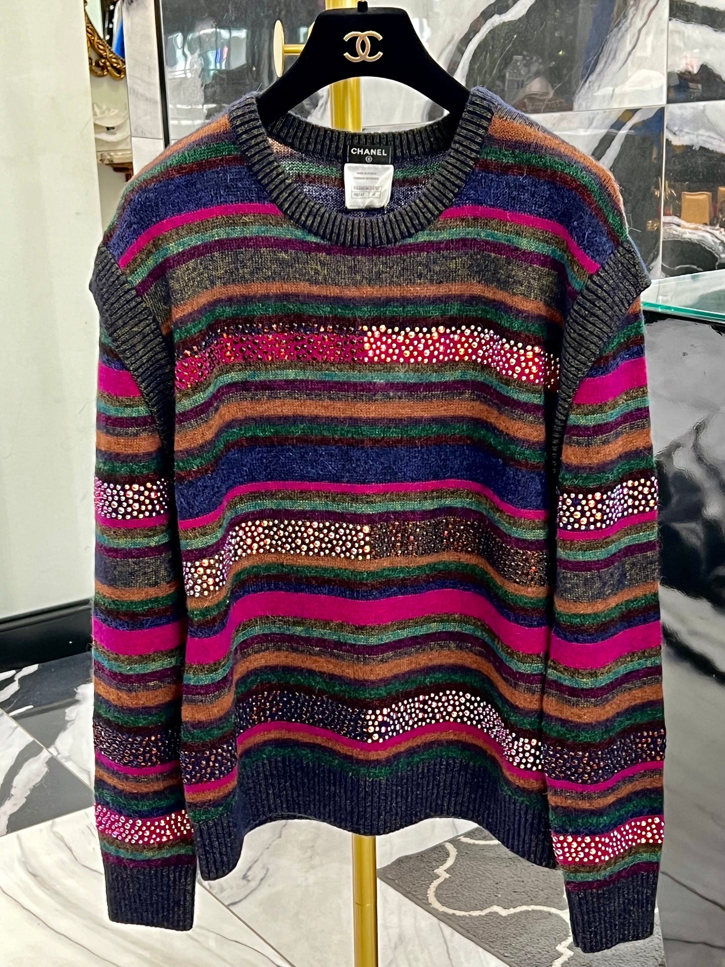 CHANEL 12A STRIPED BEADED STRASS OVERSIZED  WOOL RUNWAY AWEATER