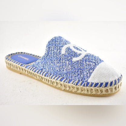 CHANEL TWEED SEQUIN CC LOGO BACKLESS ESPADRILLES