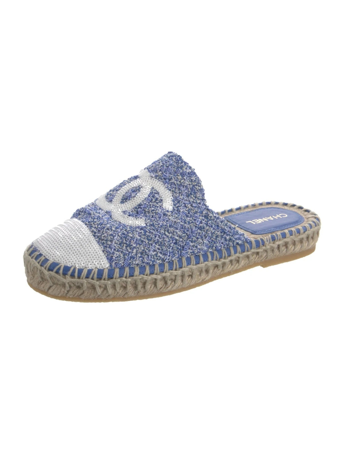 CHANEL TWEED SEQUIN CC LOGO BACKLESS ESPADRILLES