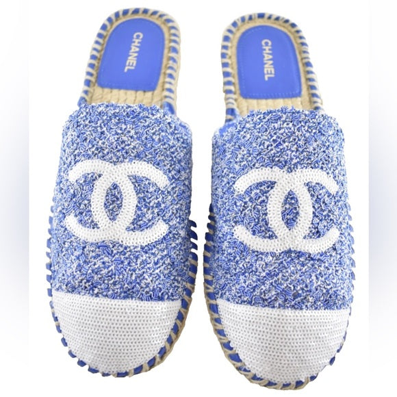 CHANEL TWEED SEQUIN CC LOGO BACKLESS ESPADRILLES