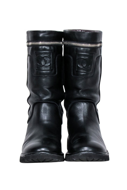 Chanel - Black Leather Mid Calf Boots Sz