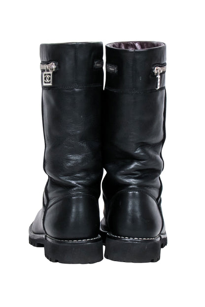 Chanel - Black Leather Mid Calf Boots Sz