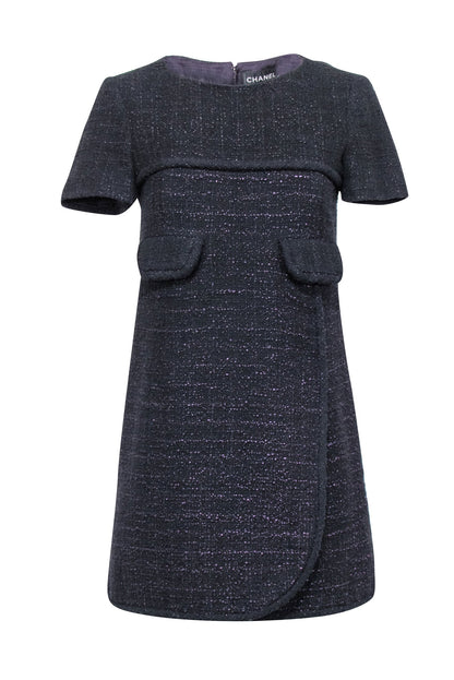 Chanel - Green Tweed Long Sleeve Shift Dress Sz