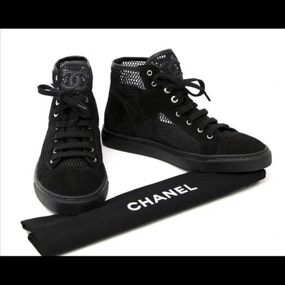 CHANEL SUEDE MESH HIGH-TOP LACE UP SNEAKERS