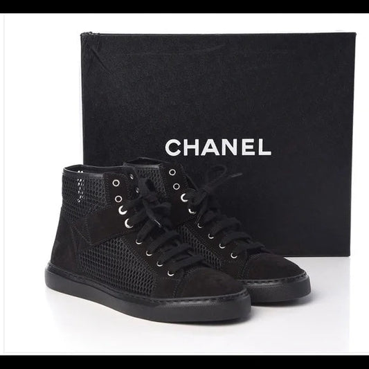 CHANEL SUEDE MESH HIGH-TOP LACE UP SNEAKERS