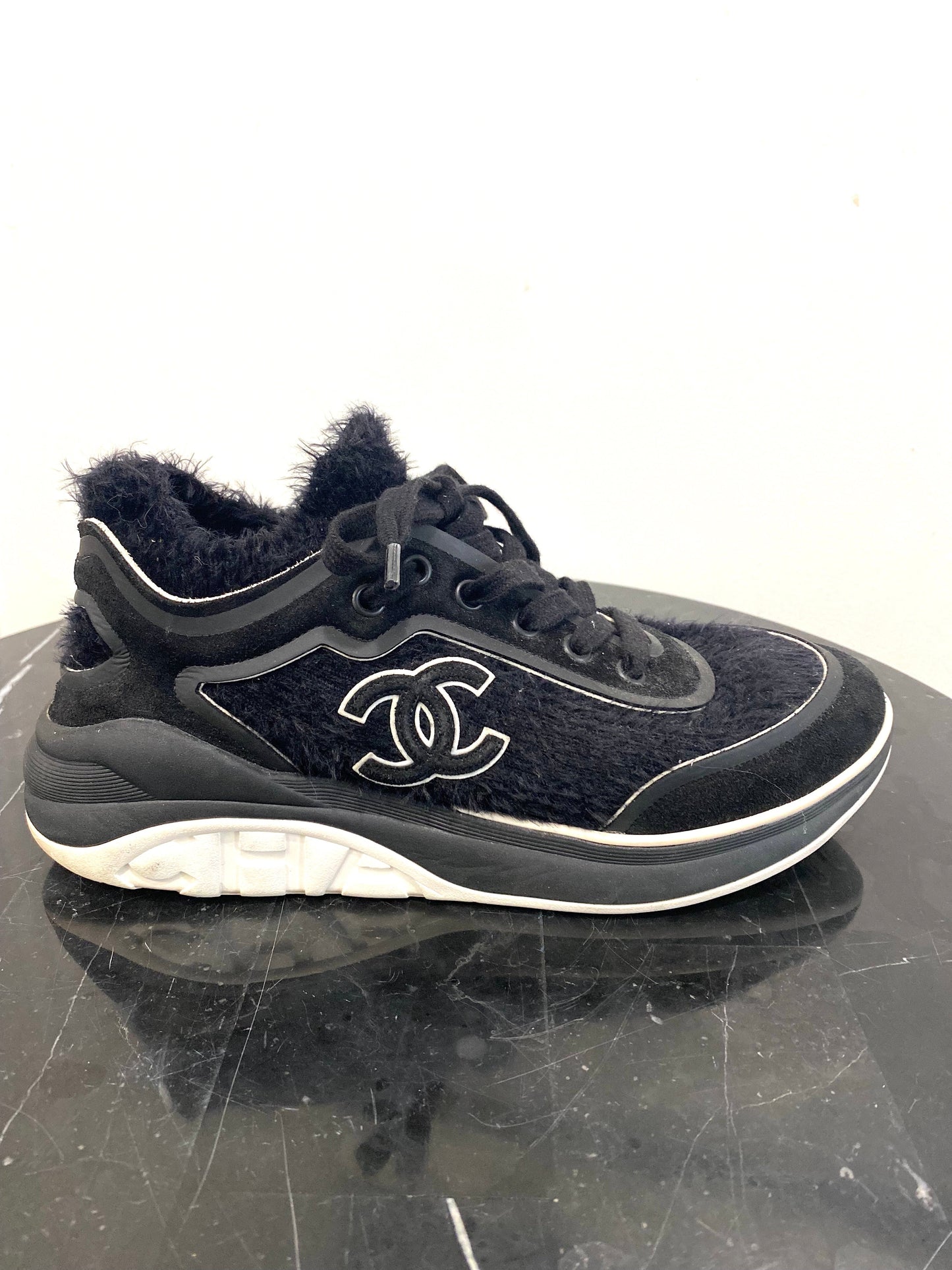 CHANEL TWEED & SUEDE CC LACE UP SNEAKERS
