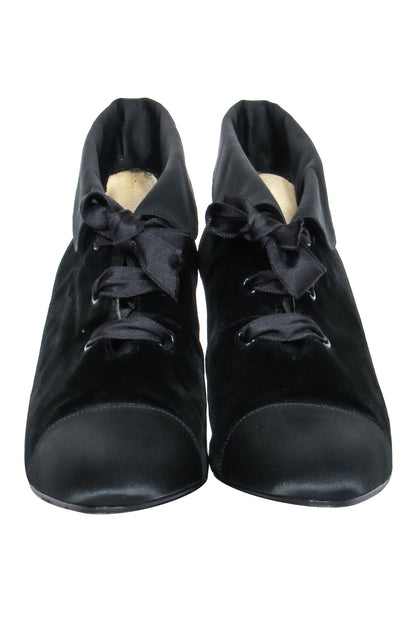 Chanel - Black Velvet Lace Up Booties Sz