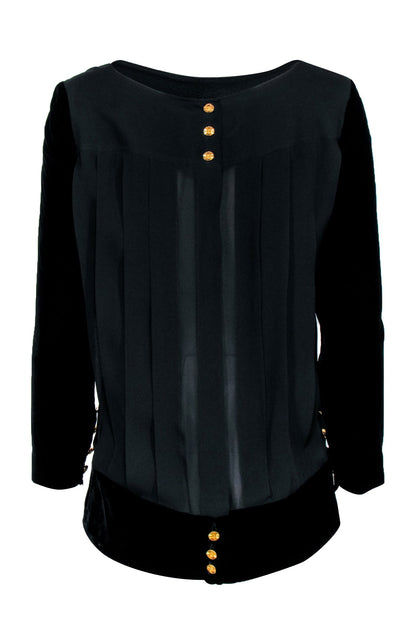 Chanel -  Black w/ Velvet Long Sleeves & Button Back Sz S/M