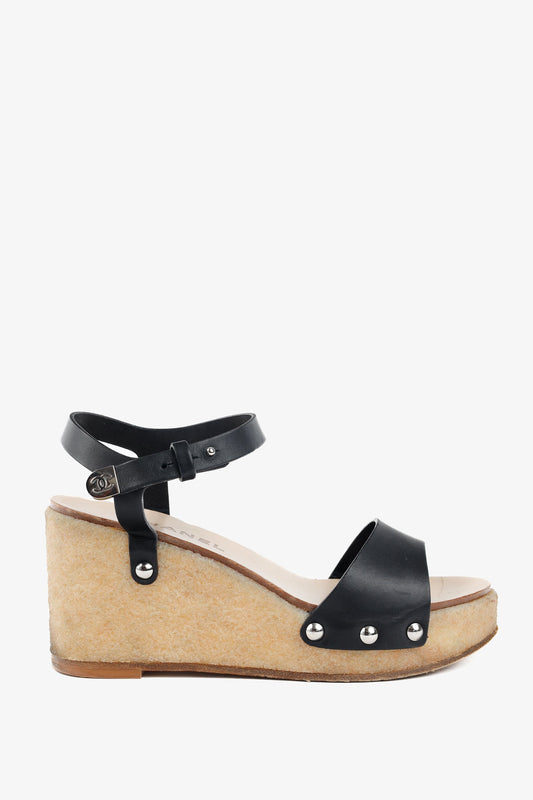 Chanel Black Leather Platform Wedge Sandals