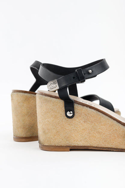 Chanel Black Leather Platform Wedge Sandals