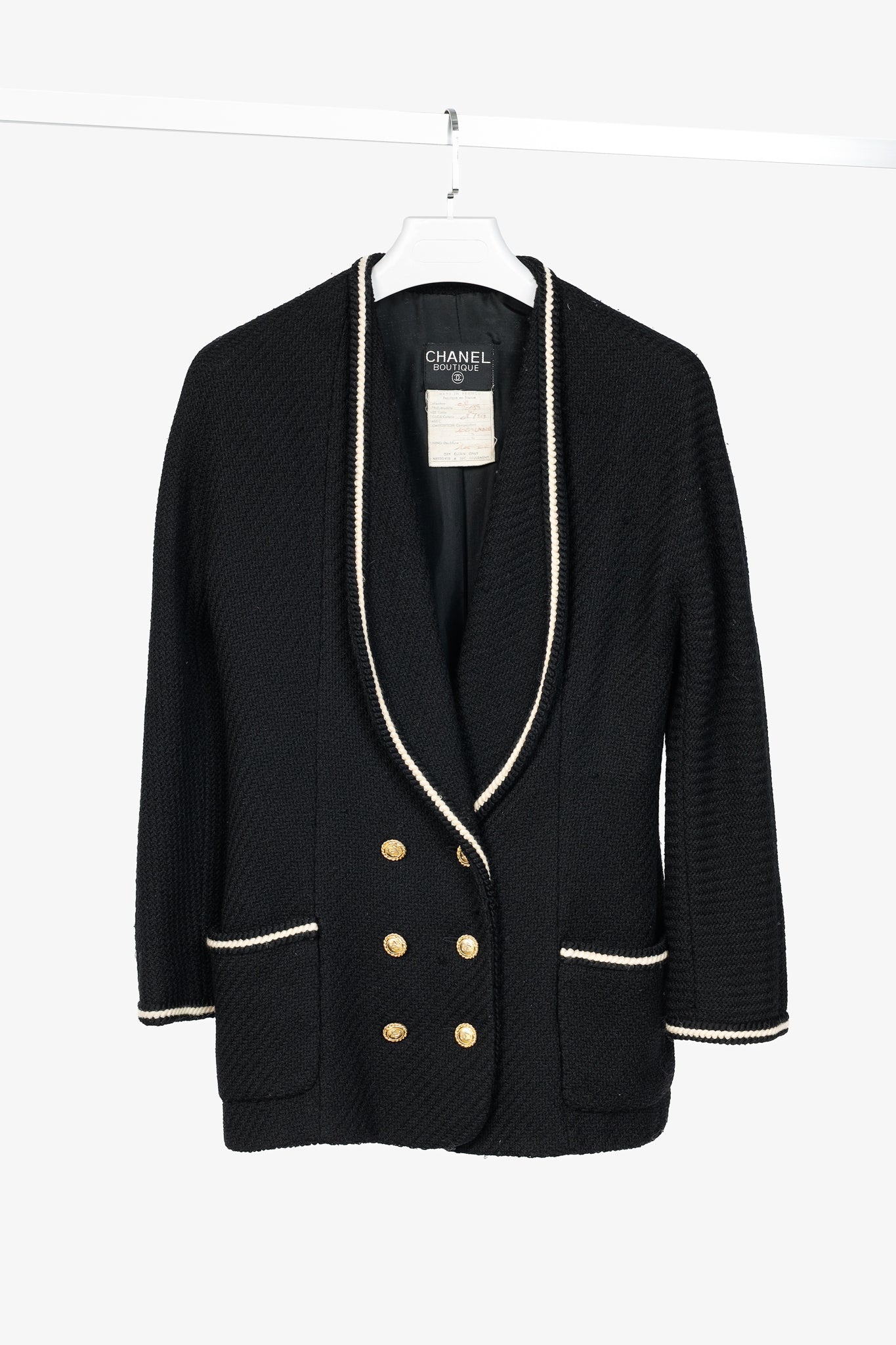 Chanel Boutique 80's Black Wool-Tweed Double-Breasted Blazer