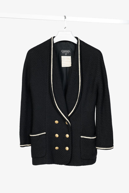 Chanel Boutique 80's Black Wool-Tweed Double-Breasted Blazer