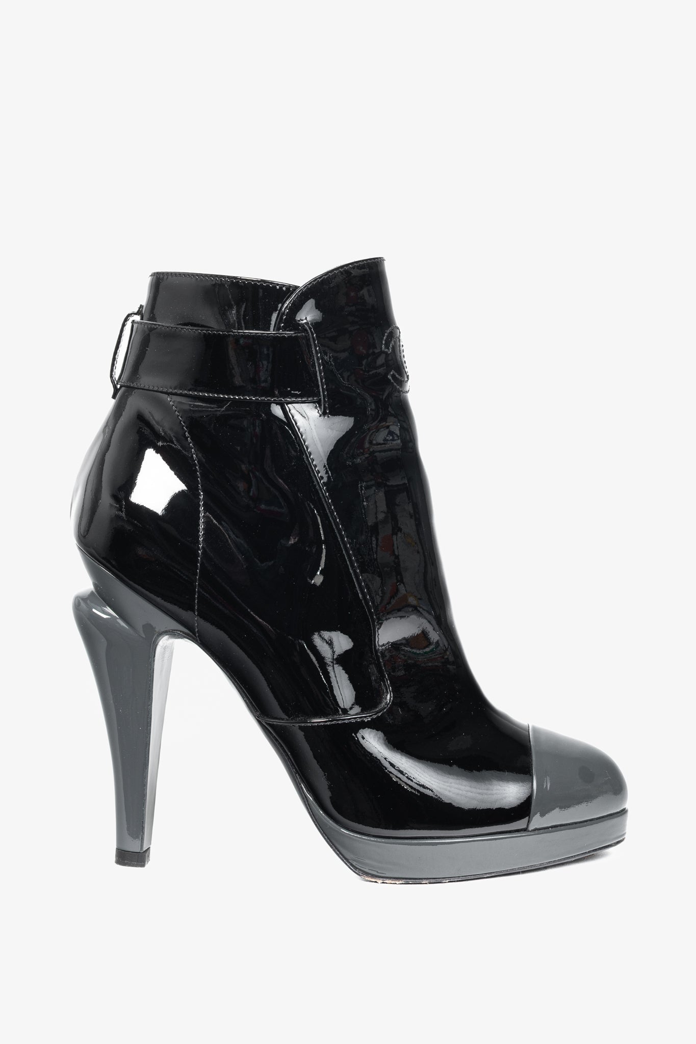 Chanel Black Patent Leather Cap-Toe Platform Booties