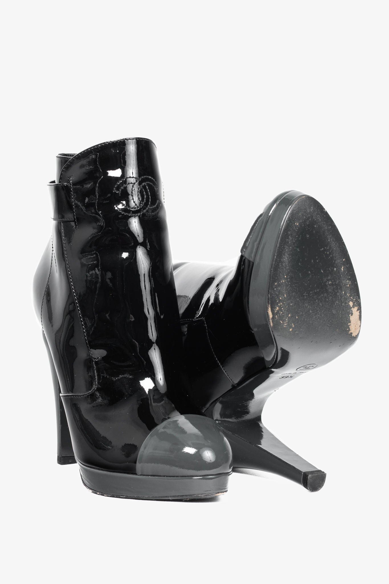 Chanel Black Patent Leather Cap-Toe Platform Booties