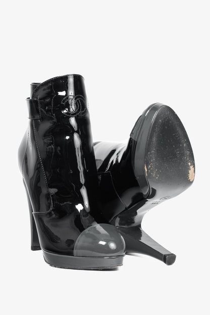 Chanel Black Patent Leather Cap-Toe Platform Booties